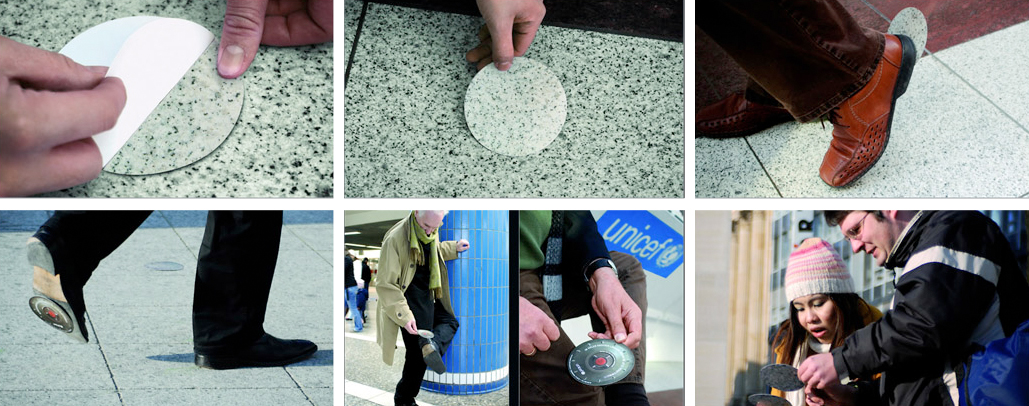 UNICEF stickers used in a successful sticker marketing campaign that blended in with the ground and stuck to shoes