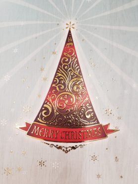An illustration of a Christmas tree on the front of Alexanders' Christmas card that also accompanied Alexanders' custom company Christmas gift box